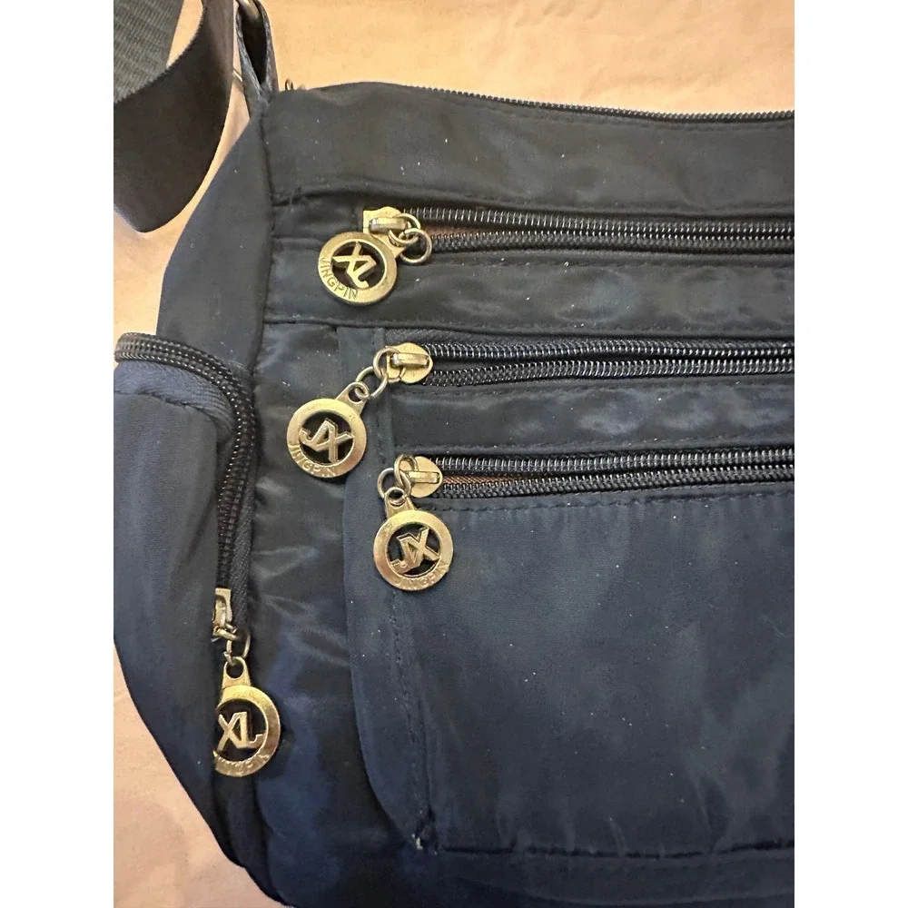 Jingpin Navy Blue Nylon Multi-Pocket Crossbody Organizer Bag Silver Hardware